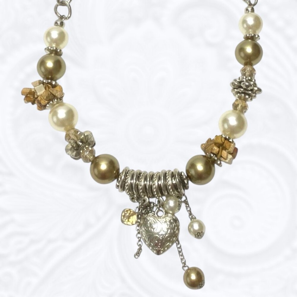 Chunky Charm Statement Necklace Puffy Heart Crystal Simulated Pearl Collar Chain